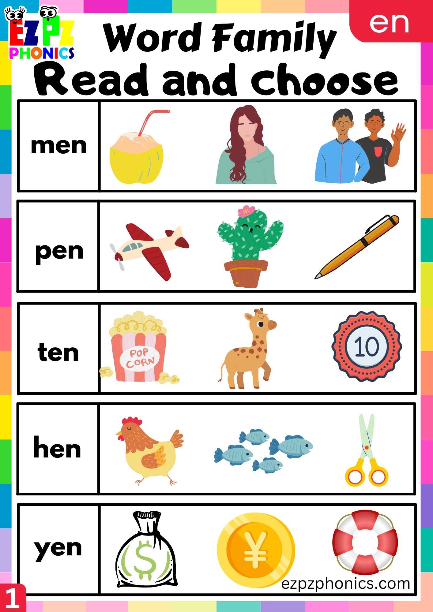 EN Words Read And Choose Phonics Word Families Worksheet